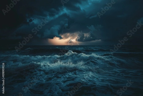 Fototapeta A stormy ocean with a large wave and a lightning bolt in the sky, generative ai image
