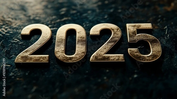 Fototapeta A close-up view of the year "2025" displayed in a metallic finish against a textured surface.