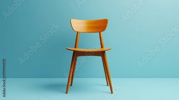 Fototapeta A wooden chair is sitting in front of a blue wall