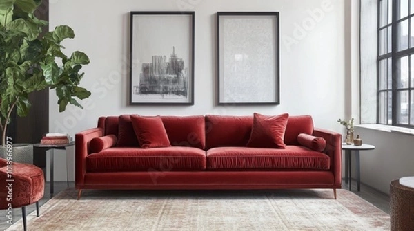 Fototapeta Elegant Red Sofa in Modern Living Room Design