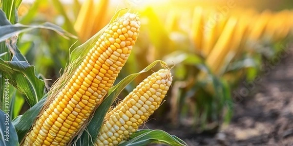 Fototapeta corn cobs growing in rows in a plantation field, symbolizing the essential role of agriculture and crop production in rural farming communities