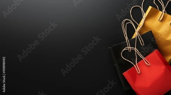 Fototapeta Vibrant shopping bags in red, black, and gold with handles, placed on a black background with copy space. Black Friday sale concept with empty place for text