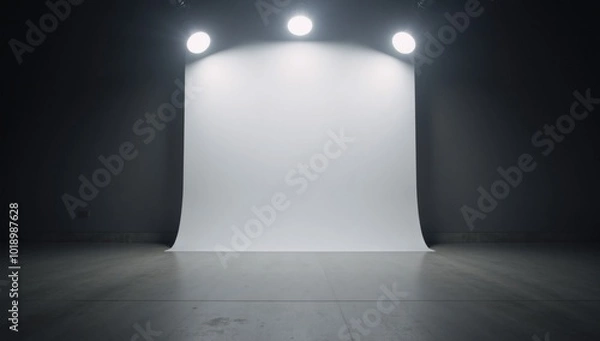 Fototapeta Pitch-black empty room with a blank floor for presentationscar backdrops and top LED lights