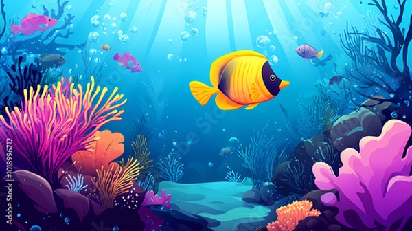 Fototapeta Colorful marine fish in the underwater landscape of a coral reef in the tropical ocean. Coral Reef Lagoon. Illustration