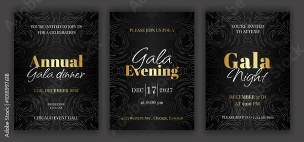 Fototapeta Luxury black annual gala dinner, night, evening invitation template set with golden text. Baroque style retro ornate pattern background. EPS 10 vector illustration.
