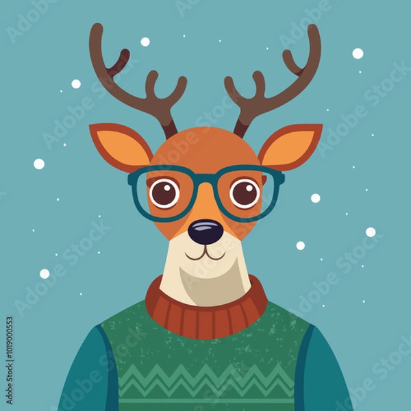 Fototapeta  deer wearing sweater and hipster glasses; modern style; black and white, view from side high angle