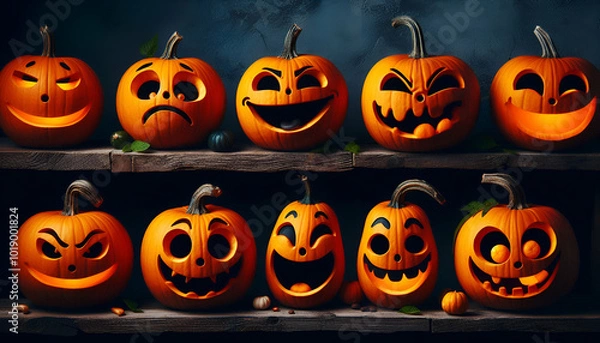 Fototapeta everal pumpkins with different expressions and personalities: one sad, one angry, one laughing maniacally, and one scared. ai generative.