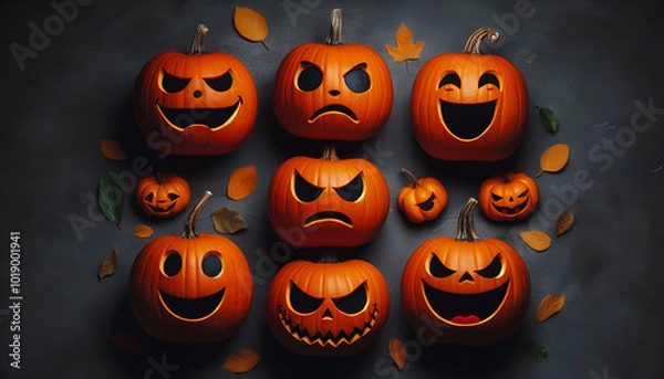 Fototapeta several pumpkins with different expressions and personalities: one sad, one angry, one laughing maniacally, and one scared. ai generative.