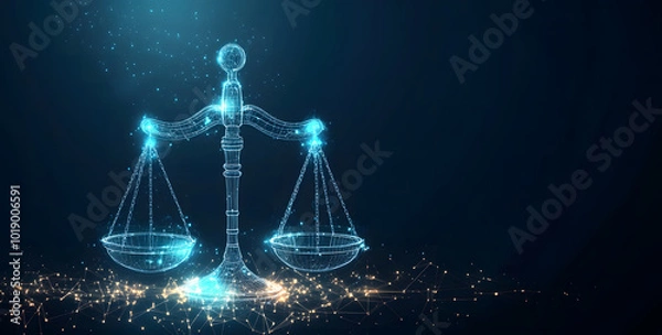 Fototapeta Concept of AI law, artificial intelligence regulations in futuristic glowing low polygonal style with brain and scale symbols on dark blue background design