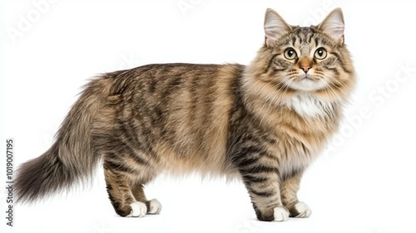 Fototapeta Fluffy domestic cat standing gracefully on a white background showcasing its soft fur and curious expression