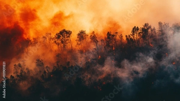 Fototapeta Intense Forest Fire with Smoke and Flames