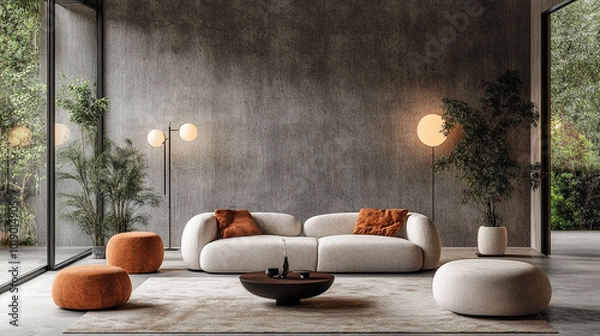 Fototapeta Japandi minimalist living room with sleek furniture, soft neutral tones, and natural light. This space blends Japanese and Scandinavian design, symbolizing harmony, simplicity, and mindful living