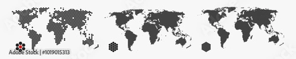 Fototapeta Set of flat earth world maps with hexagonal dots in different resolution. Round pixel pattern. Modern digital globe. Black dots on white background. Worldmap template for website, infographics, design