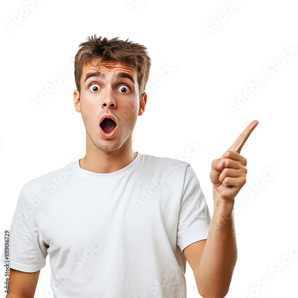 Fototapeta Young surprised man pointing right with his finger  isolated on transparent background Generative AI