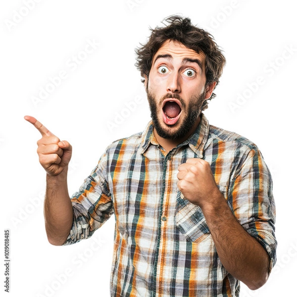 Fototapeta Young surprised man pointing right with his finger  isolated on transparent background Generative AI