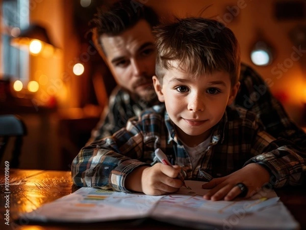 Fototapeta Parents helping with homework, vibrant colors, indoor setting, photography, supportive
