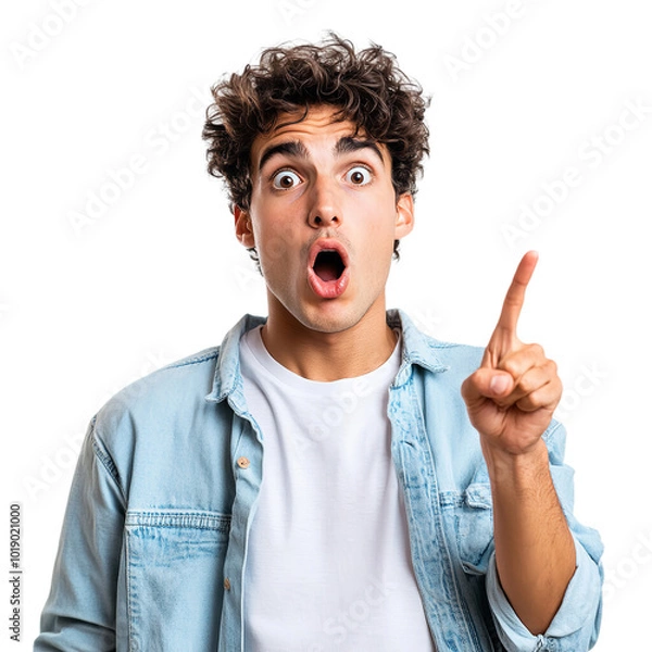 Fototapeta Young surprised man pointing right with his finger  isolated on transparent background Generative AI