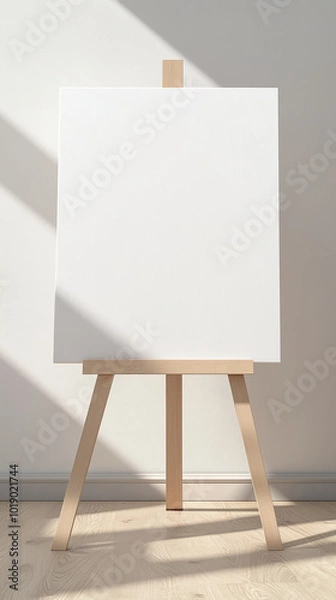 Fototapeta Large Blank White Canvas on Wooden Easel with Soft Shadows in Minimalist Studio