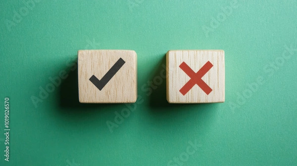 Fototapeta Wooden Blocks with Check Mark and Cross Symbol on Green Background.