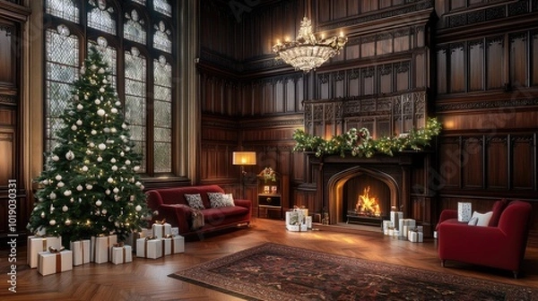 Fototapeta A beautifully decorated room features a Christmas tree adorned with white lights, gifts on the floor, and a glowing fireplace surrounded by wooden walls creating a festive atmosphere