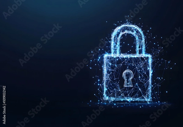 Fototapeta Creative digital polygonal closed padlock hologram on blue background design with mock-up place. Safety, protection, and security concept design. 3D Rendering design