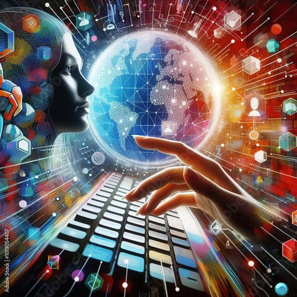 Fototapeta Woman programming global network with artificial intelligence assistance
