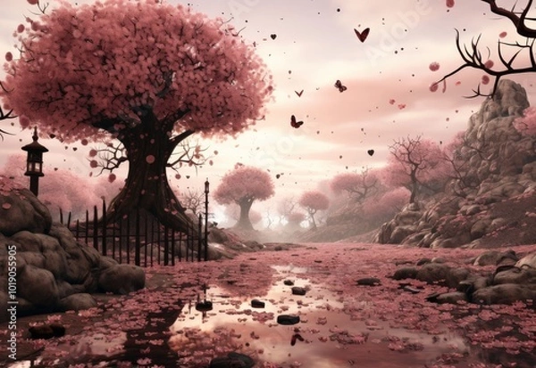 Obraz A tranquil landscape with cherry blossoms at sunset