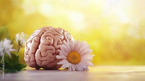 Fototapeta A brain and a daisy create a unique contrast against a soft, glowing background in a serene setting