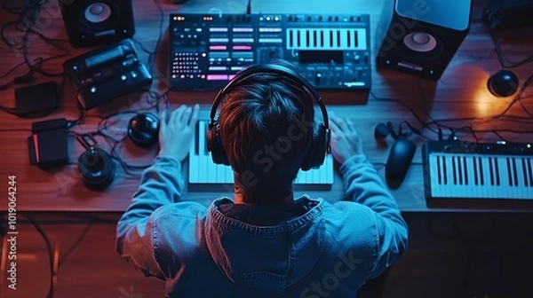 Fototapeta a person wearing headphones sitting in front of a desk with a keyboard