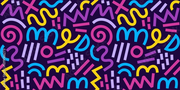 Obraz Memphis geometric seamless pattern. Multicolor abstract background in retro 80s, 90s style with various shapes: circles, semicircles, dots, zigzags, spirals, wavy lines. Cute kid doodle design.