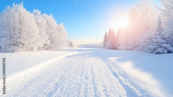 Obraz Serene winter landscape with a snow-covered road and sunlit trees