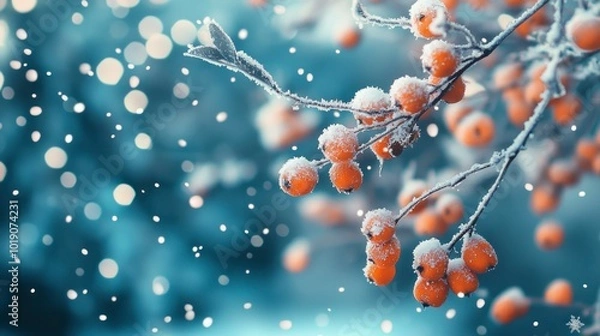 Fototapeta Close-up of snow-covered orange berries on frosted branches