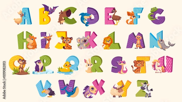 Fototapeta English Alphabet with Cute and Unusual animals for kids education. Funny hand drawn style characters. Vector illustration