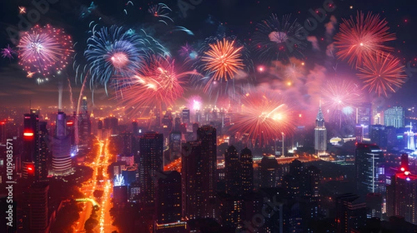 Fototapeta vibrant fireworks display lighting up the city skyline at night, generative ai