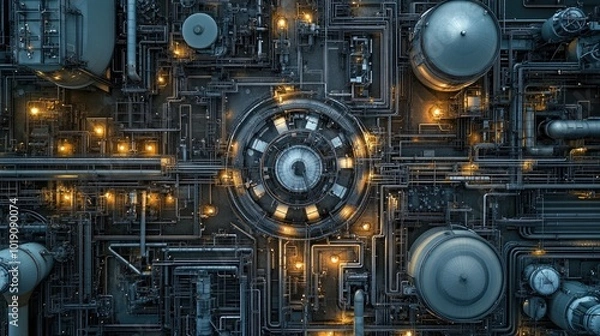 Fototapeta Industrial Network of Pipes and Tanks with Lights