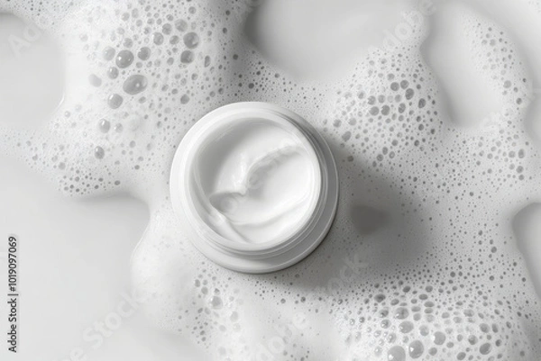 Obraz A modern, minimalistic facial cream bottle captured from above, resting in a sea of soft, bubbly foam. The contrast between the smooth bottle and the frothy bubbles creates a clean, refined aesthetic.