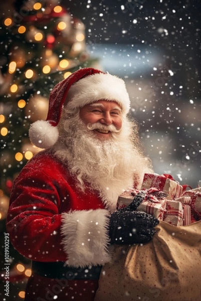 Obraz Santa Claus smiling as he carries a bag of beautifully wrapped Christmas presents, with snow falling softly around him. The scene is set against a cozy, brightly lit Christmas tree.