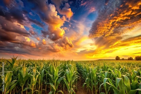 Fototapeta A stunning image of a corn field under a colorful sky and clouds