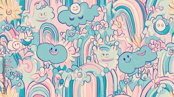 Fototapeta Abstract smiling face rainbow and sun theme in cream colors on a light turquoise sky background with clouds conveys a warm impression