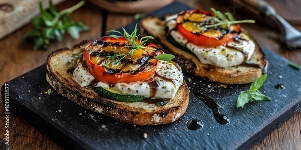 Fototapeta Delicious grilled vegetable toast features a rich blend of mozzarella and fresh tomatoes. This warm, colorful dish looks inviting and tasty on a black slate plate. Perfect for any meal. AI