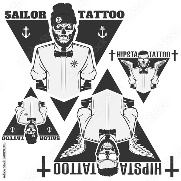Fototapeta Set of tattooist skeleton masters,sailor and hipster tattoo salon