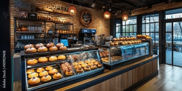 Fototapeta A bakery counter with pastries on display, featuring a rustic wooden counter, brick walls and glass display cases.