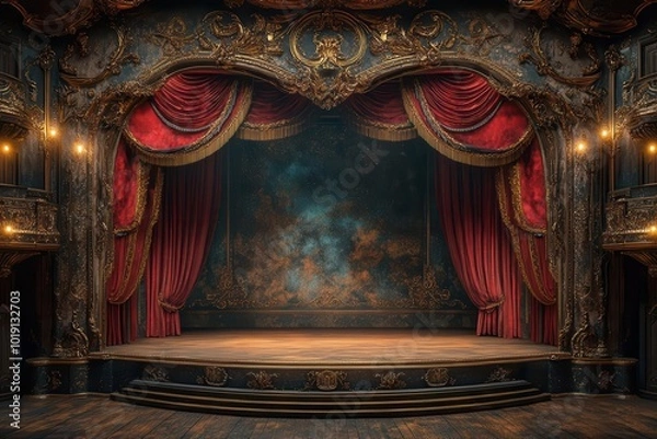Fototapeta ornate theater stage with luxurious crimson velvet curtains golden tassels and antique footlights casting a warm glow intricate baroque details adorn the proscenium arch