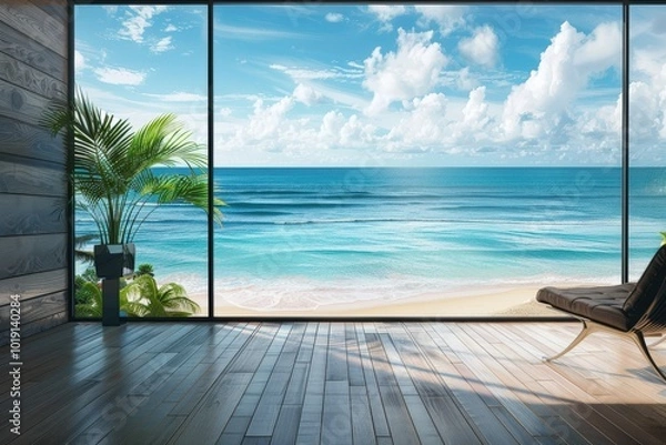 Obraz A large window overlooking the ocean with a view of the beach, generative ai image