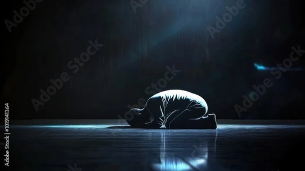 Fototapeta A Muslim man in a shirt bows prostrate on the floor to pray to God, the concept of a Muslim's religious activity in a mosque with a calm and peaceful atmosphere