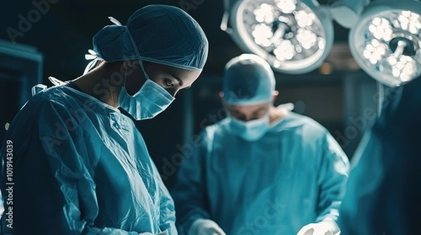 Fototapeta A focused surgical team works in a sterile environment, demonstrating precision and teamwork while performing a medical procedure.