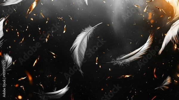 Fototapeta The black background with white feathers and silver particles floating in the air creates a dramatic atmosphere. The smooth texture of the gold layer adds to its enchanting appeal