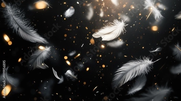 Obraz The black background with white feathers and silver particles floating in the air creates a dramatic atmosphere. The smooth texture of the gold layer adds to its enchanting appeal