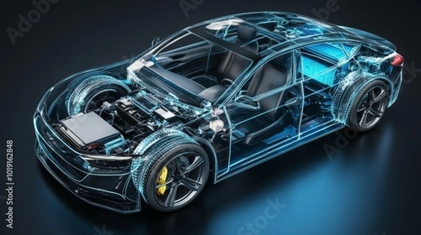 Fototapeta Using a vibrant blue color scheme, a lithium battery pack for an electric car is illustrated with power connections