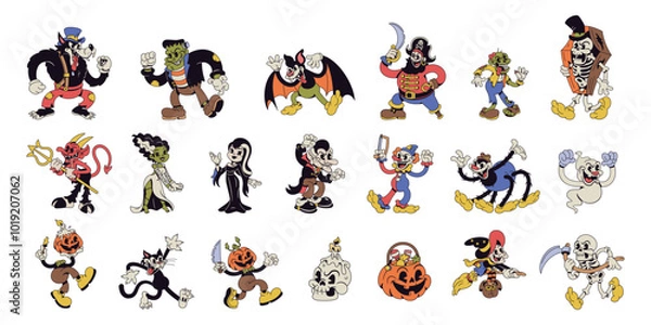 Fototapeta Vector Halloween Retro Cartoon Characters Style Groovy Set Illustration Isolated